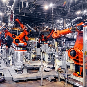 big industrial robots in factory